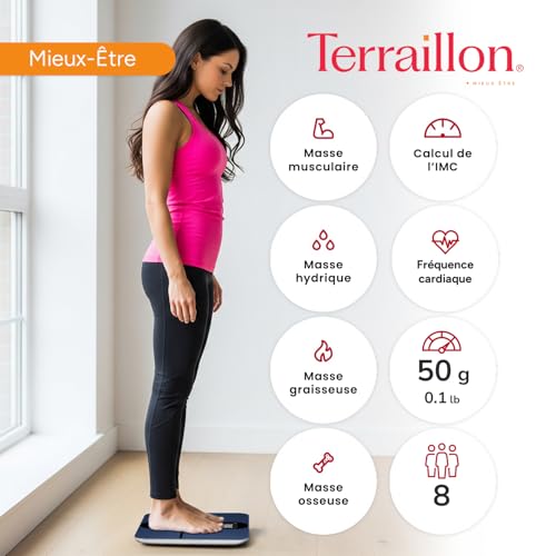 TERRAILLON - COLOR CONNECT - Balance connectée Bluetooth, Fréquence cardiaque, Masses:graisseuse-musculaire-hydrique-osseuse, IMC, Capacité 180 kg, Graduation 50g, Ecran Multi affichage Couleur, Bleu – Image 4