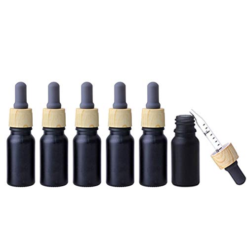 ConStore 6 PCS Matte Black Wooden Grain Ring Glass Cosmetic Dropper Bottle Jars with Graduated Dropper Essential Oil Container for Travel Home (10ml)
