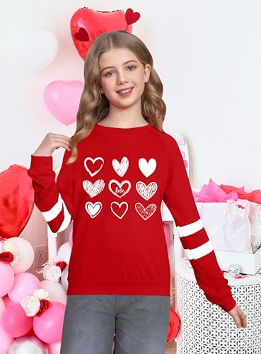 Image of LAZYCHILD Kids Valentine Shirt Girls Valentines Day Shirts Heart Graphic Long Sleeve Striped Tee Tops 5-14 Years