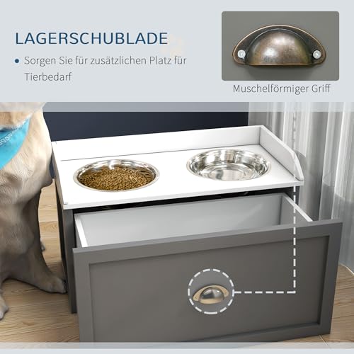 PawHut Erhöhter Hundenapf Futternapf mit Ständer Fressnapf mit Schublade, 2 Edelstahlnäpfen Futterstation für große Hunde, 36 cm Hoch, Grau