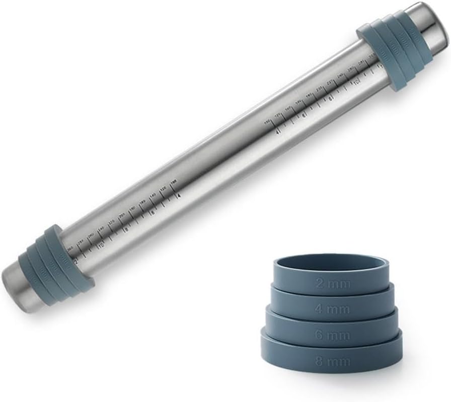 Rolling pin with thickness rings, Smooth Stainless Steel Rolling Pin, Rolling Pin for Baking Fondant, Pizza, Pie, Pastry, Pasta, Dough, Cookies (Rolling pin with gray thickness rings)