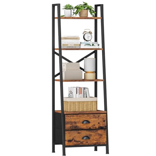 Image of Furologee 4-Tier Ladder Shelf,Small Bookshelf with 2 Drawers,Vertical Bookcase Storage Rack Organizer,Rustic Bookshelves for Living Room,Bedroom,Bathroom,Home Office,Kitchen,Rustic Brown
