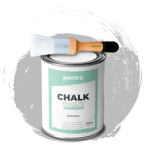 Pack Pintura a la tiza para muebles, 750 ml + pincel especial para pintura Chalk Paint, barniz para muebles, efecto tiza natural, color para madera (gris plata)