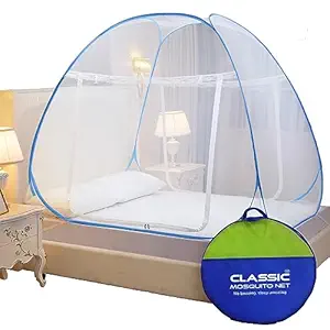 Classic Mosquito Net for Double Bed | King Size Foldable Machardani | Polyester 30GSM Strong Net | PVC Coated Corrosion Resistant Steel Wire - Blue