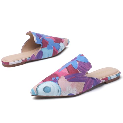 Image of Tilocow Women's Pointed Toe Flat Mules Backless Slip On Loafers