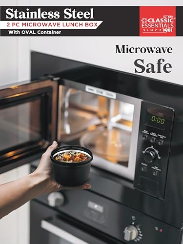Image of CLASSIC ESSENTIALS Stainless Steel Microwave Safe Lunch Box Set with Cutlery for School, 1 Oval and 3 Containers (1300 ml, Thermoware)