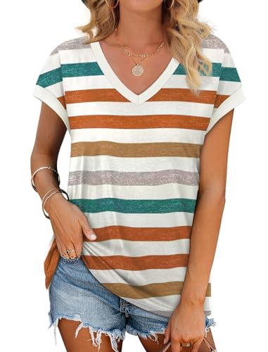 Summer Tops for Women 2026 Fashion Beach Vacation Clothes Spring Tops Short Sleeve Comfiest Airport Outfits Cruise Orange Striped M
