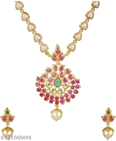 South Indian Golden Long Necklace Pendant Temple Jewellery Ethnic Antique Traditional Pearl Multi Kundan Necklace Earring Set