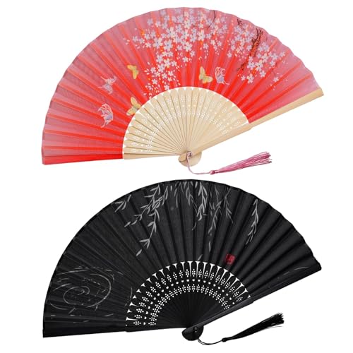 Lot de 2 éventails pliants en soie faits à la main avec nervures en bambou et pampille, noir et rouge