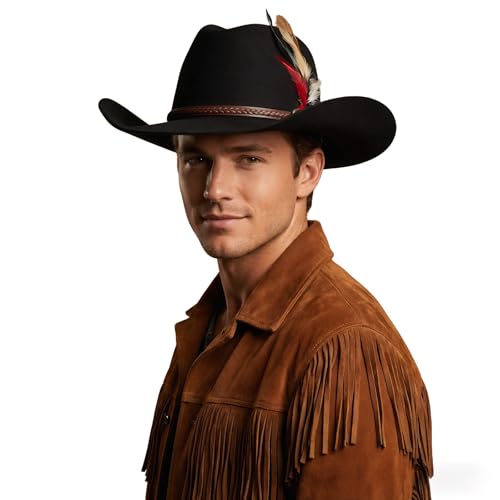 Image of Western Cowboy Cap for Men Women, Woolen Wide Brim Cowgirl Cap Belt Buckle Fedora Hat with Feather