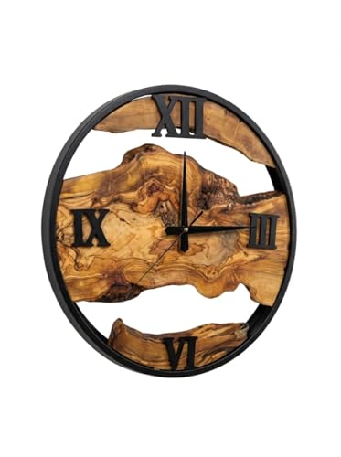lagom Handmade Olive Wood Wall Clock – Solid Live Edge Natural Slab & Silent Non-Ticking Mechanism – Luxury Rustic Farmhouse Wall Art Decor for Living Room, Kitchen & Office (16'')