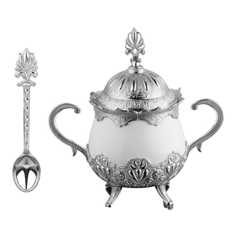 LaModaHome Sugar Bowl with Lid and Spoon for Home, Kitchen and Wedding Party, Serving for Delight and Chocolate, Decorative Design for Cube and Powder Sugar - Silver/White
