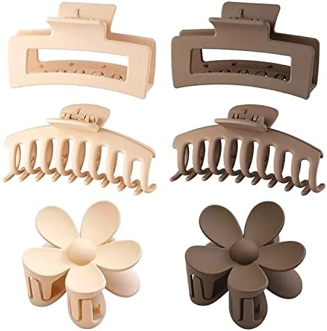 6 Pack Large Hair Claw Clips for Thick Thin Hair, 3 Styles Hair Claw Clips for Women Girls, 2 Flower Hair Clips and 2 Square Claw Hair Clips with 2 Pcs Banana Hair Clips, Neutral Colors