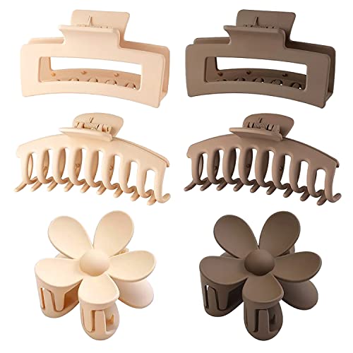 6 Pack Large Hair Claw Clips For Thick Thin Hair, 3 Styles Hair Claw Clips For Women Girls, 2 Flower Hair Clips And 2 Square Claw Hair Clips With 2 Pcs Banana Hair Clips, Neutral Colors #TOP5