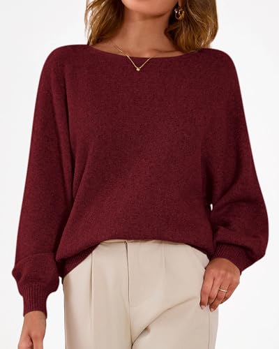 KIRUNDO Boat Neck Sweaters for Women Slouchy Oversized Knit Top,Burgundy,L - image 4
