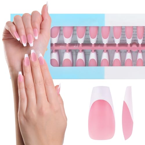 JSRQT 240 Piezas Uñas Postizas de Gel Francés, Ataúd Largo Uñas Postizas de Punta French Press on Nail, 3 en 1 X-Coat Tips Acrílica Uñas de Gel Pegarse en Uñas, Fake Nail Art DIY Mujeres Niñas, Rosa