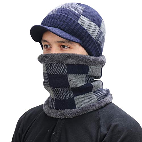 Bonnet hiver chaud et écharpe à carreaux en maille thermique doublée pour homme et femme