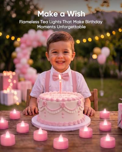 Image of Homemory 24-Pack Pink Remote Flameless Battery Tea Light Candles, 400+ Hrs | 2 /4 /6 /8H Timer LED Flickering Tealight Votives for Valentine's Day, Cozy Ambiance, Wedding, Birthdays and Baby Showers