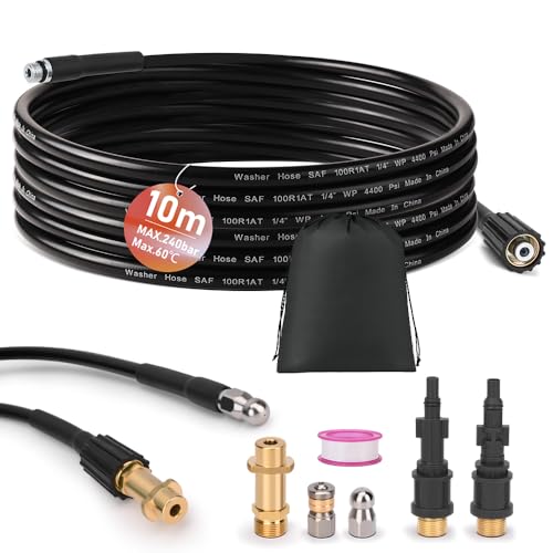 Manguera de limpieza de tuberías de 10 m, incluye 3 adaptadores, 2 boquillas rígidas + giratorias, juego de limpieza de tuberías para K2-K7, LAVOR, Bosch, Parkside, limpiador de desagüe, manguera de