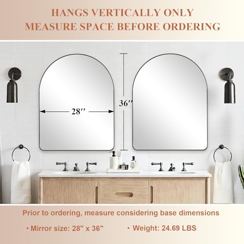 Image of ANDY STAR Arched Mirror, 28 x 36 Inch Black Wall Mirror in Stainless Steel Metal Frame, Arch Top Rounded Corner 1 Inch Deep Set Design Wall Mount Hangs Vertical