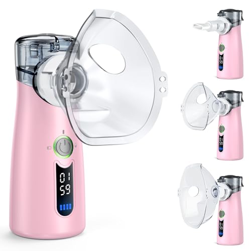 Bntath Aerosol Silenzioso,Ricaricabile USB-C Macchina Aerosol per Adulti e Bambini,Con Display Digitale,Aerosol Ultrasuoni Con 2 Maschere e un Boccaglio-Rosa