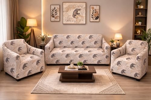 Image of Gurnoor Sofa Cover One 3 Seater and Two 1 Seater Fully Covered Universal 5 Seater for Living Room Non-Slip Sticky Elastic Stretchable Couch Sofa Set Slipcover Protector(Elephant)