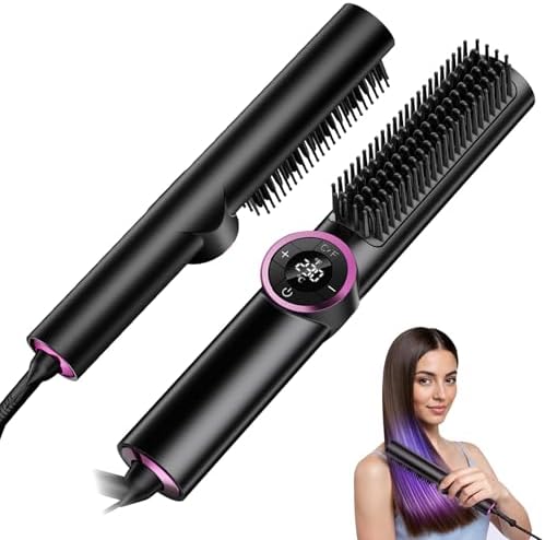 Hair Straightener Brush: 3-in-1 Curling & Straightening Comb with Dual Voltage, Hot Comb with Ionic Coating, Black