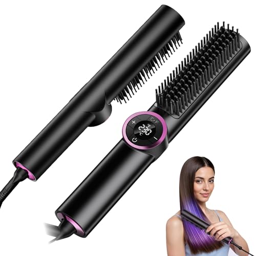Hair Straightener Brush - Upgraded Straightening Comb for Women with Dual Voltage, Dark Black