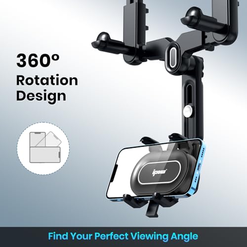 Image of IPOW Large Rearview Mirror Smartphone Holder for Car 360Rotatable and Retractable, 2023 Upgraded Four Corners Fixed Anti-Shake Multifunctional Design for Car Rearview Mirror with Button
