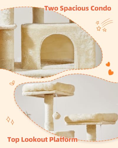 Image of Taoqimiao Cat Tree, 67 in Tall Cat Tower with 2 Plush Cat Condos | 7 Scratching Posts, 2 Top Perches, Cozy Hammock & Basket, Indoor Cats, 2 Pompoms & Mouse Toy, Beige, MS013M