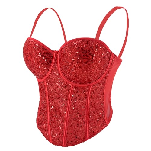 ELLACCI Women's Sexy Sequin Sheer Mesh Bustier Corset Tops Red