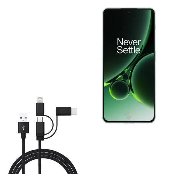 BoxWave Cable Compatible with OnePlus Nord 3 - AllCharge 3-in-1 Cable - Jet Black