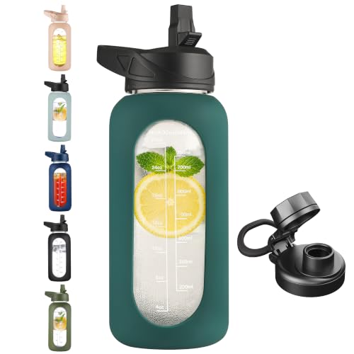 Image of CIVAGO 32 oz Glass Water Bottle with Straw, Large Motivational Water Jug
