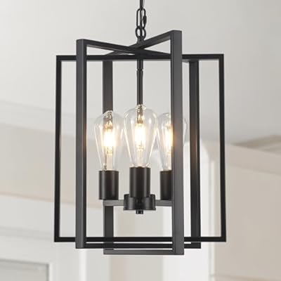 Webfkh Black Farmhouse Modern Chandelier Light Fixture for Dining Room, 3 Light Rustic Kitchen Island Metal Pendant Hanging, Adjustable Geometric Foyer Light Fixtures for Entryway Hallway Living Room