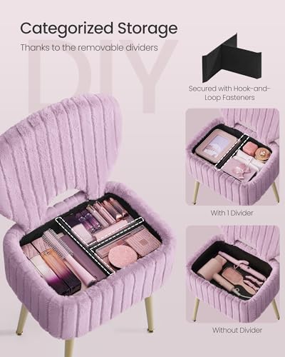 Image of SONGMICS Small Vanity Chair with Storage and Folding Back, Vanity Stool, Footrest Footstool Ottoman, Dressing Table Stool, Furry Padded Seat, for Makeup Room, Bedroom, Light Lilac ULOM532PE01