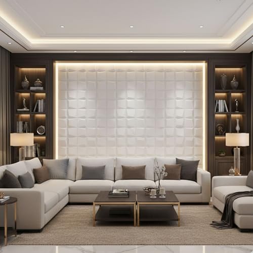 Image of Kayra Decor 3D PVC Wall Panels for Bedroom & Living Room | Cube Design | White Color|19.7 x 19.7 Inch | Pack of 12 | 32.28 Sq Ft