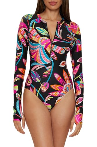 Trina Turk Women's Luminary Paddlesuit One Piece Swimsuit, Rash Guard, Uv Protection, Zip Front, Long Sleeve, Bathing Suits