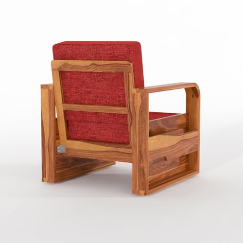 Image of Solid Sheesham Wooden 1 Seater Sofa for Living Room | Sofa with Side Pocket Storage & Cushion | Rosewood Sofa Set for Home (Honey with Red Cushion, 1 Seater)