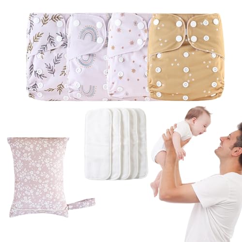 Cloth Diapers for Babies, Adjustable Reusable Baby Cloth Diapers, 4X Waterproof Cover, Absorbent & Breathable Liners with 4 Inserts & 1 Wet Bag, Prevents Staining