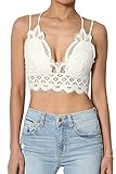 TheMogan Women's Stretchy Smocked Strappy Cross Strap Back Lace Bralette Ivory M