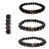 EagleWings 3-Pcs FengShui Bracelets Lava Rock, Wood and Magnetic Hematite 10mm | JiChiMu Wood Protection Blessings | Relaxation Health Essential Oil Diffuser | Meditation Aromatherapy | Men Women Kids