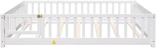 Miniatura 39 de Cama de suelo de tamaño matrimonial, marco de cama Montessori de madera maciza con barandillas en forma de valla y puerta pequeña y listones de