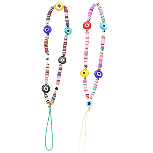 2Pcs Beaded Phone Lanyard Wrist Strap For Phone Wrist Strap Polymer Clay Wristlet String Boho Lanyard Beads Demon Eye key Chains