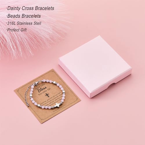 Image of Tiny Natural Gemstone Cross Charm Bracelet, Christian First Communion Gifts for Daughter Girlfriend Mother, Meaningful Jewelry