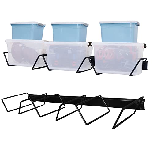 Wallmaster 9 Pack Adjustable Storage Bin Holder,Tote Rack,Safety Holder for Shed or Basement,Wall Mount Garage Organizer for Bins and Containers (3 Rails, 6 Hooks)