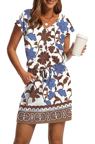 Image of OFEEFAN Summer Dresses for Women 2026 V Neck T Shirt Casual Mini Dresses Tie Waist Sundresses with Pockets