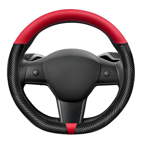 Carbon Fiber Steering Wheel Cover for Tesla Model 3/Y, Red Napa Leather, Easy to Grip, Tight Fit, Black Steering Wheel Covers for Model 3/Y Accessories (Red Napa-Carbon Fiber)