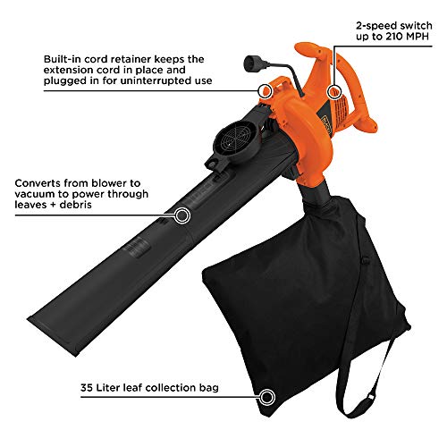 BLACK+DECKER 3-in-1 Electric Leaf Blower, Leaf Vacuum, Mulcher, 12-Amp (BV3100)