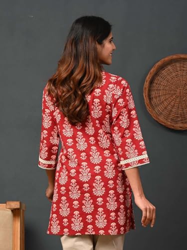 Image of Rimeline Women's Floral Printed Cotton Kurti Top | Round Notch Neck 3 /4 Sleeve Straight Fit Casual Tunic