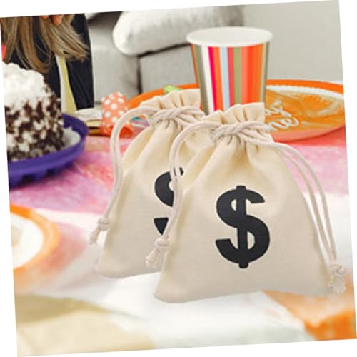 DECORNIJIA 5pcs Drawstring Money Bags for Party Favors Canvas Cloth with Money Sign Beige Cotton Pouch for Cosplay Costume Halloween and Card Theme Decorations4